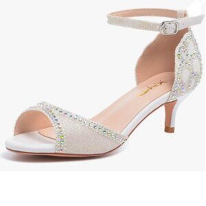 XYD White Glitter Peep Toe D'Orsay Kitten Heel Rhinestone Ankle Strap Sandal